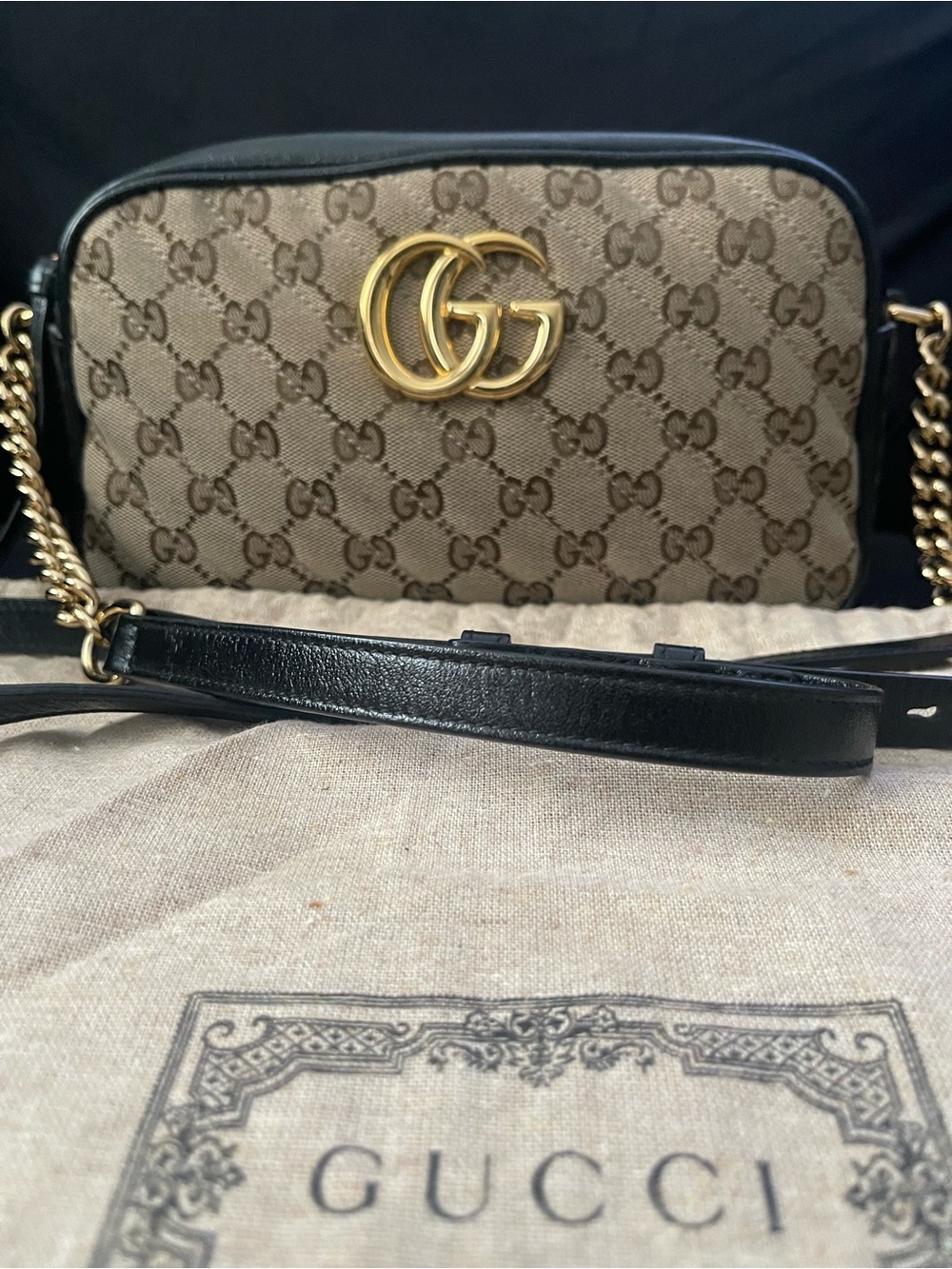 Gucci Brown/Black GG Marmont Canvas Crossbody with Gold Hardware